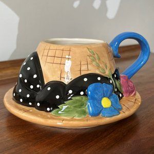 Mary Engelbreit Straw Hat Figural Mug by Charpente 1995 Polka Dot Bow & Flowers